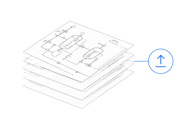 A stack of drawing sheets and datasheets being uploaded