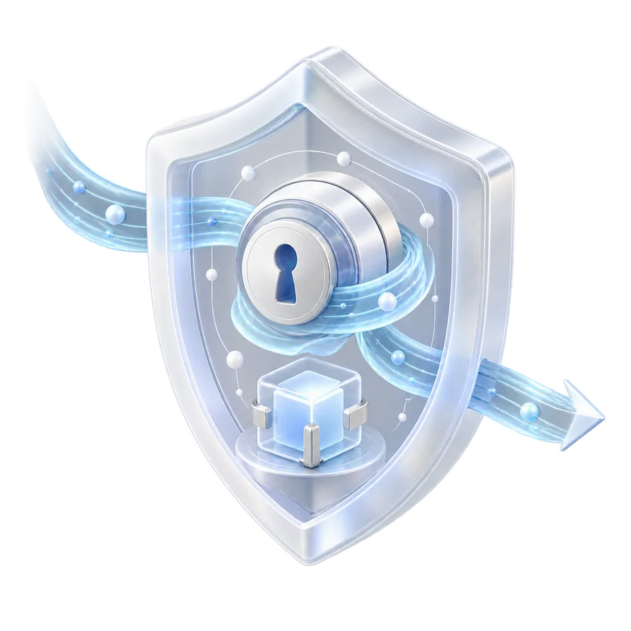 A glass shield holding a combination lock and a sealed data cube, with a ribbon of data passing
                 through it.